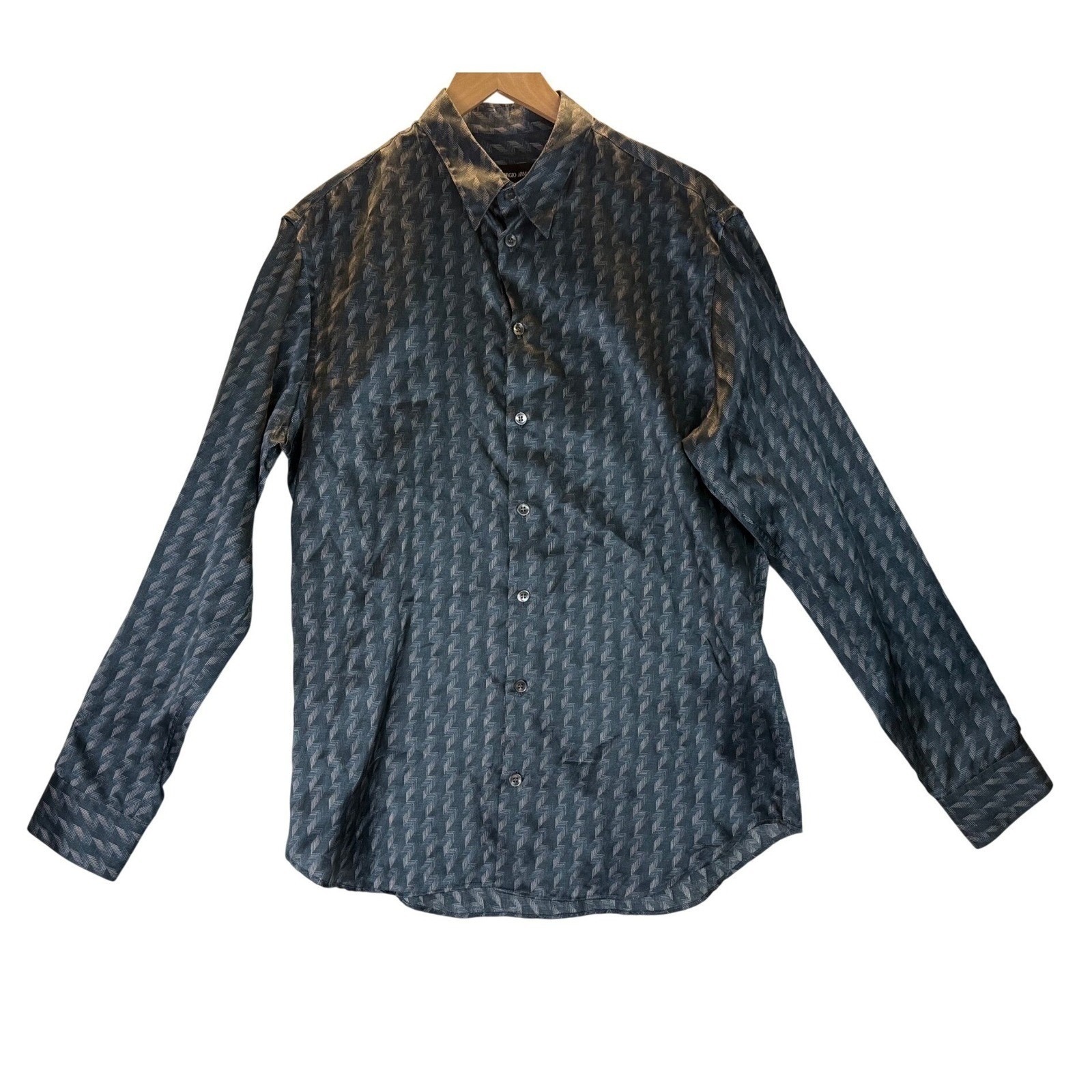 Giorgio Armani 100% Silk Button Up Shirt Blue Geometric Italy Sz 41 (M/L) *Read*